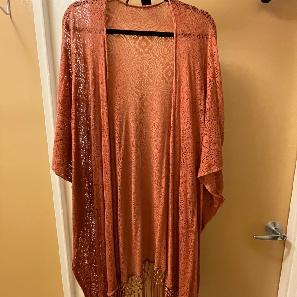Rust orange fringe lace shawl kimono